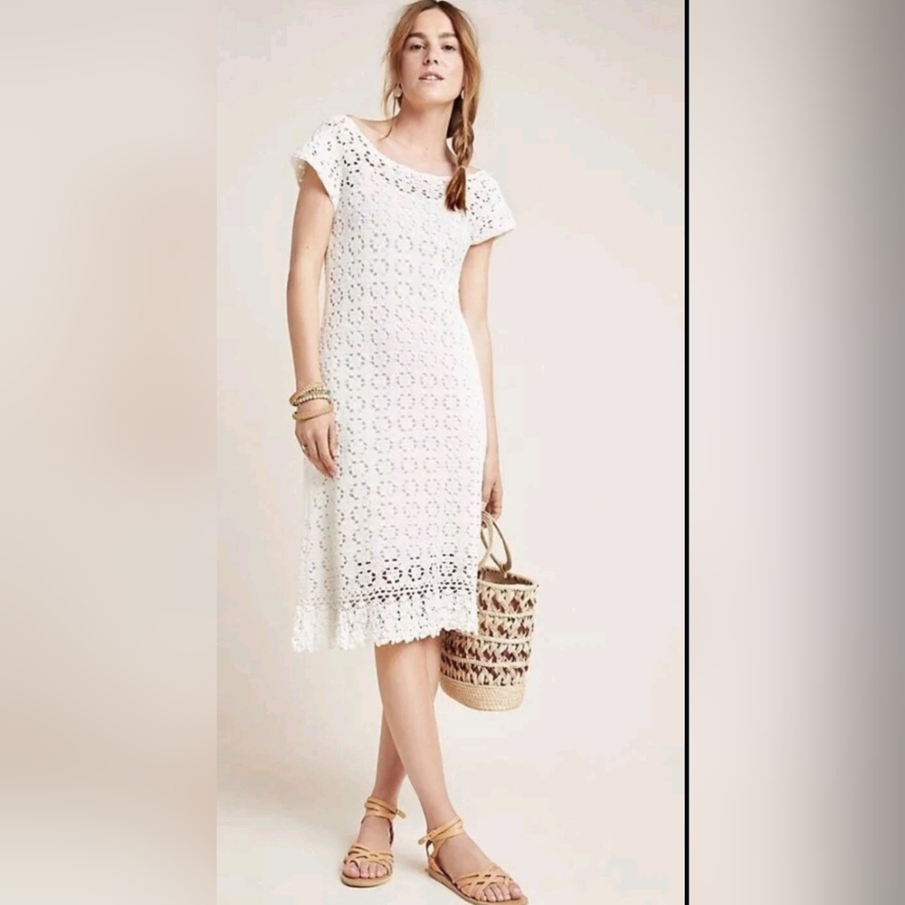 Anthropologie Women's White Crochet Midi Dress - Size S